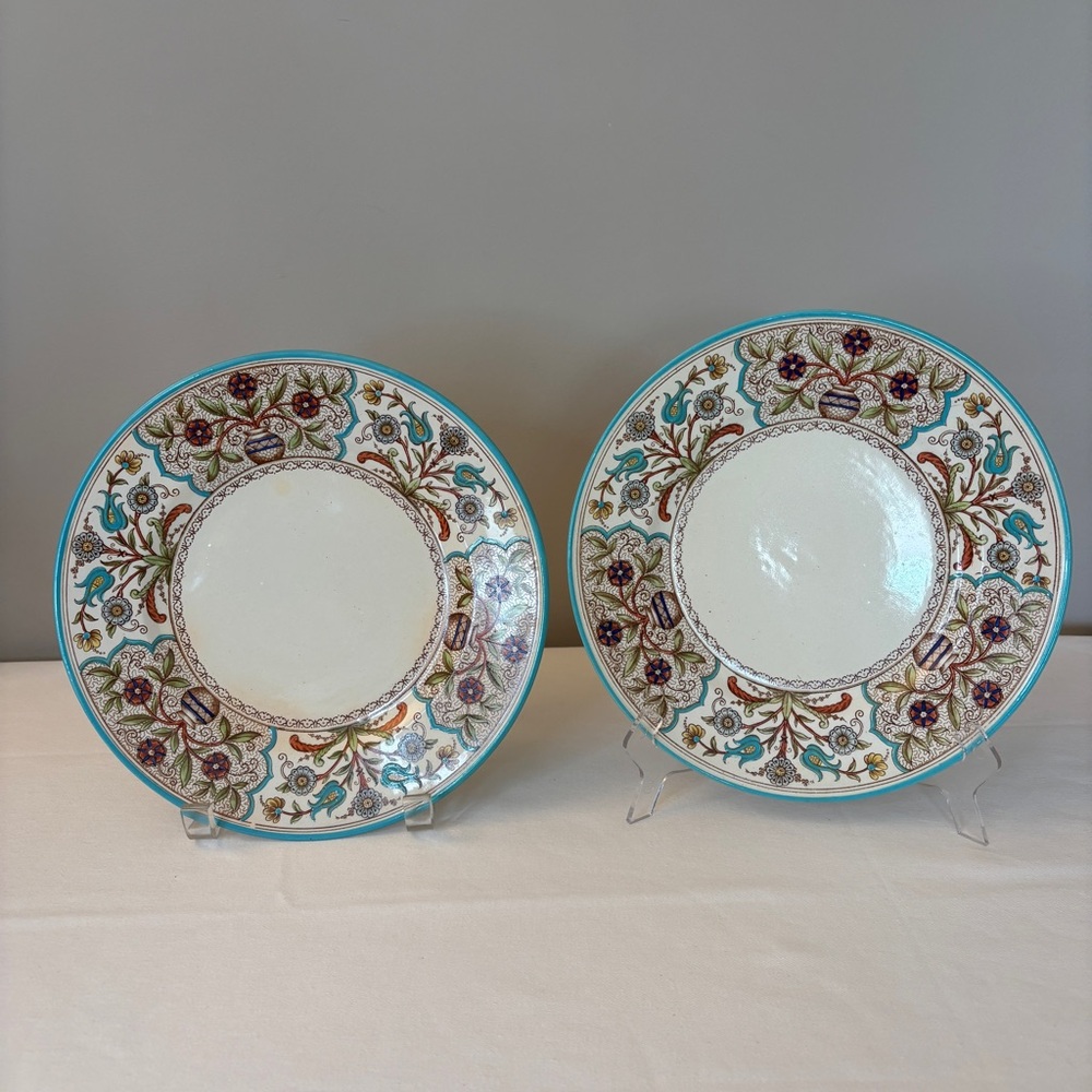 Vintage English Floral Plates Set of 2 – Aqua Turquoise Border 9”